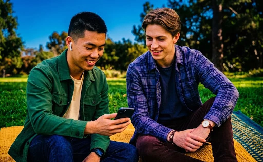 Two friends looking at a phone
